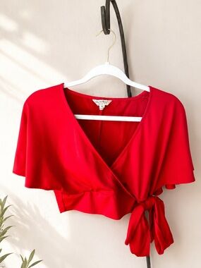 Miss Selfridge Red Wrap Crop Top | Flutter Sleeve Tie Waist Blouse | US 6